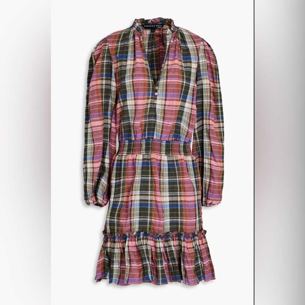 NEW Veronica Beard Jeans Destiny Ruffled Metallic Checked Cotton Blend Dress NWT